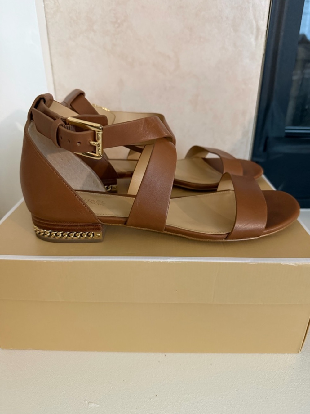 Michael Kors Sabrina Brown Leather Strappy Sandals with Gold Chain Accent - Picture 8 of 10